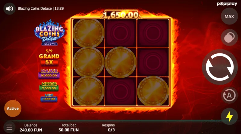 Blazing Coins Deluxe ecranul de joc respin
